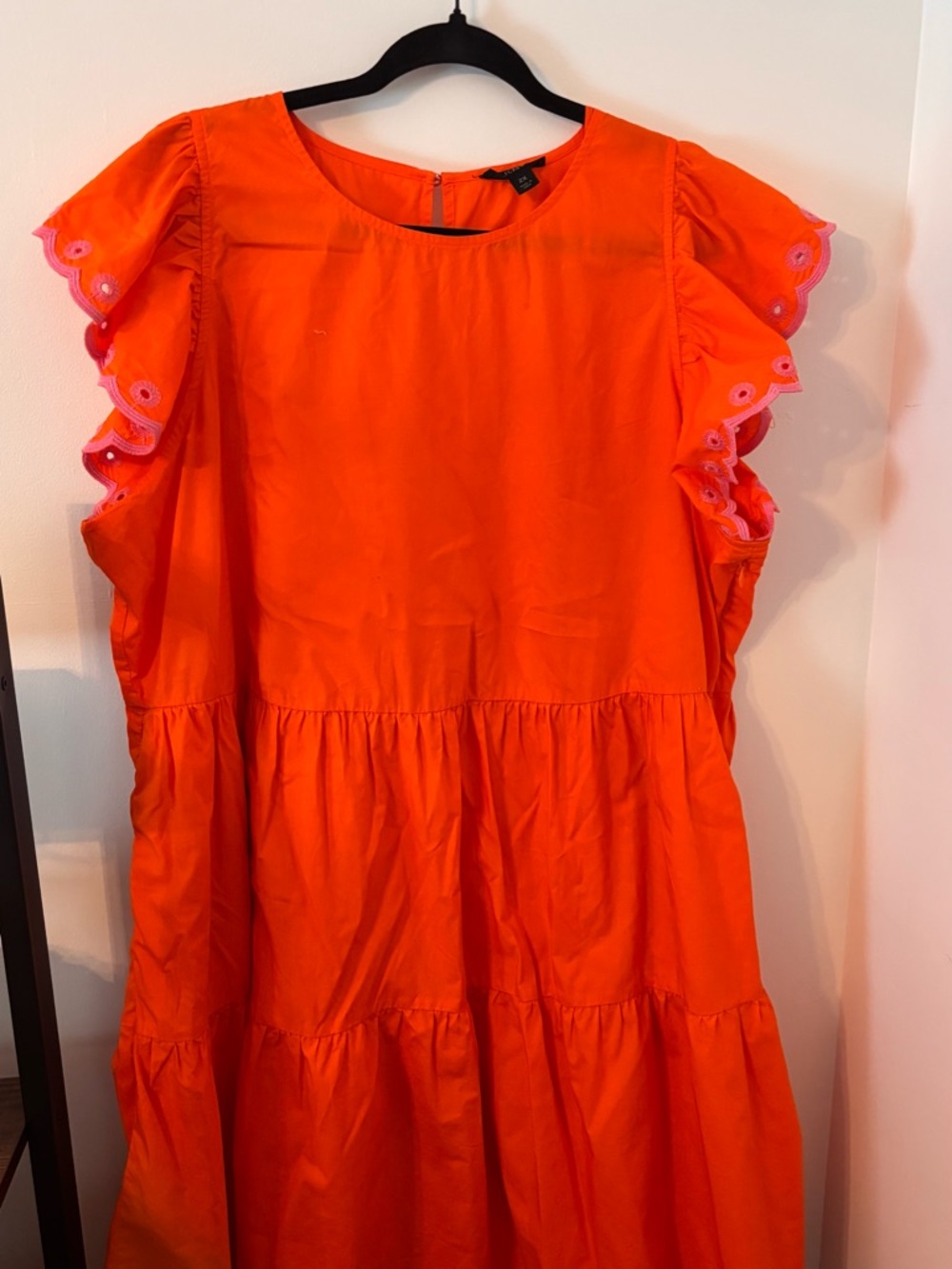 J. Crew Orange Tiered Midi Dress with pink embroidery on sleeves
